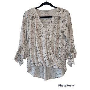 Beacon Women's White Black Polka Dot 3/4 Sleeve Tie Wrap Top Blouse Size Small